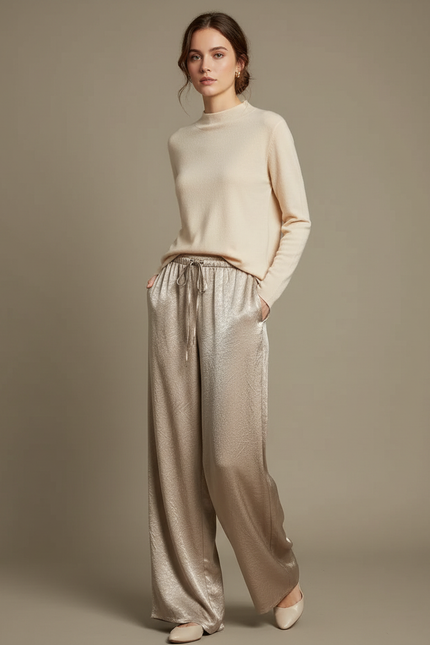 Pantalon Chinois Satin Fluide Ample Élégant Doré