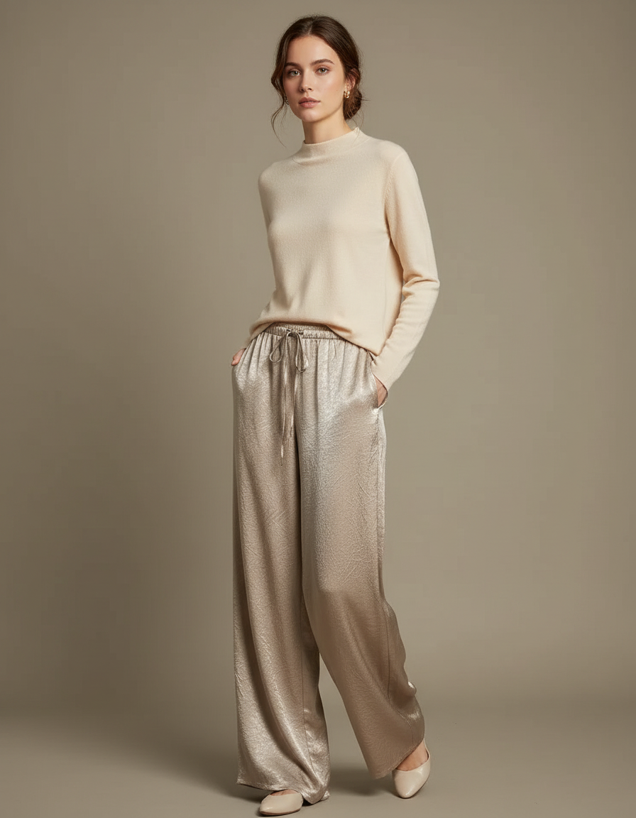 Pantalon Chinois Satin Fluide Ample Élégant Doré