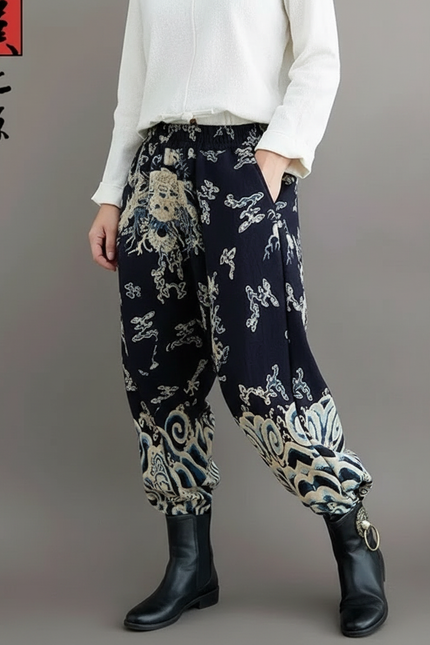 Pantalon Chinois Harem Coton Imprimé Vintage Ample