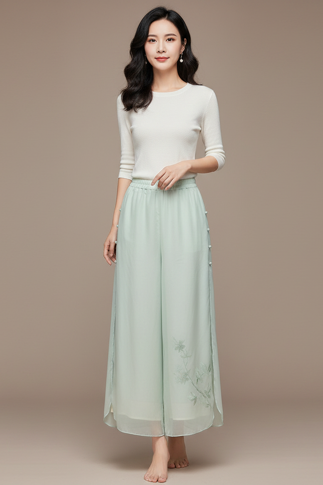 Pantalon Chinois Vert Fluide Brodé Floral Femme - Soie