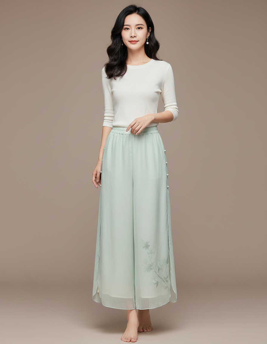 Pantalon Chinois Vert Fluide Brodé Floral Femme - Soie