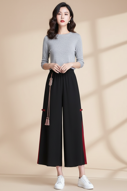 Pantalon Chinois Noir Ample Fendu Ethnique Femme - Polyester