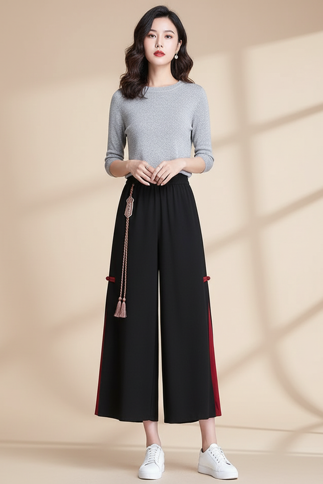 Pantalon Chinois Noir Ample Fendu Ethnique Femme - Polyester