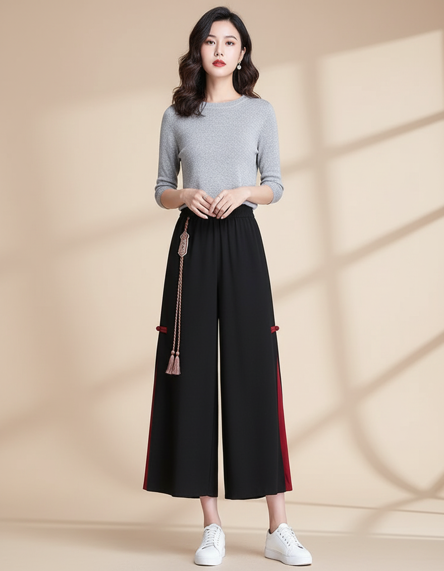 Pantalon Chinois Noir Ample Fendu Ethnique Femme - Polyester