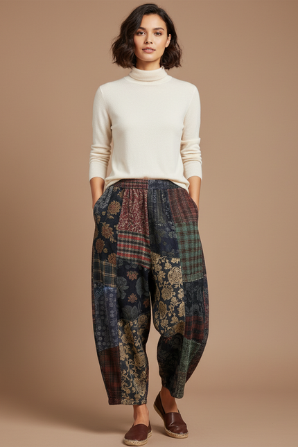 Pantalon Chinois Patchwork Ample Imprimé Floral Épais Femme - Multicolore Tweed
