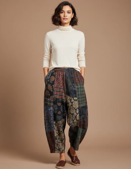 Pantalon Chinois Patchwork Ample Imprimé Floral Épais Femme - Multicolore Tweed