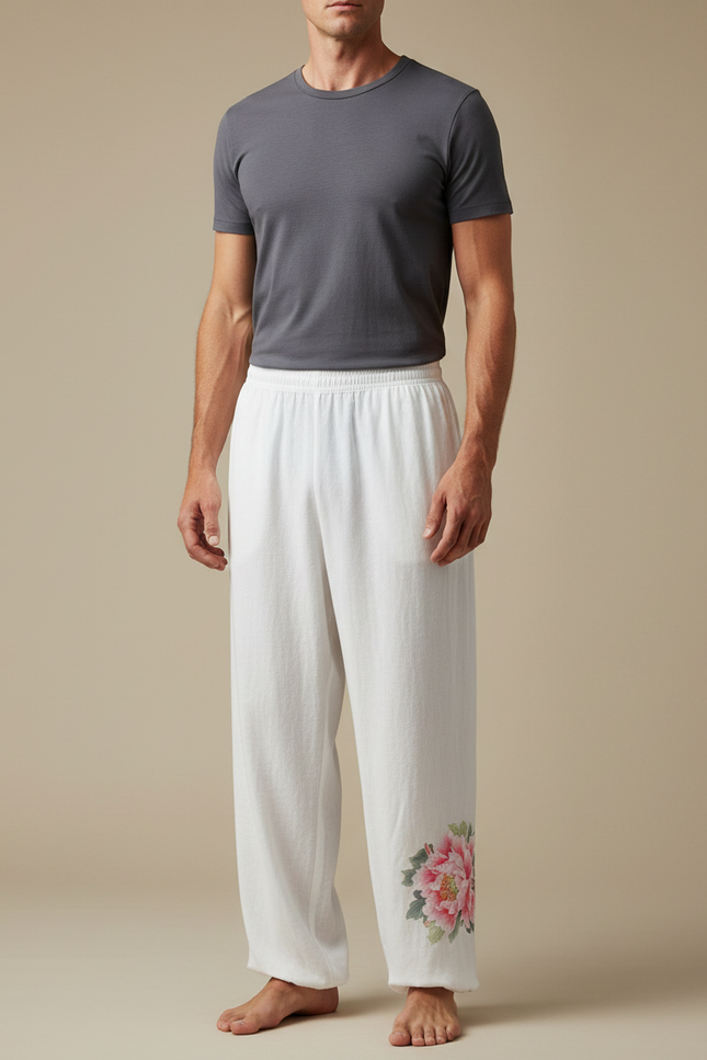 Pantalon Chinois Blanc Ample Fleur Coton Homme - Lin