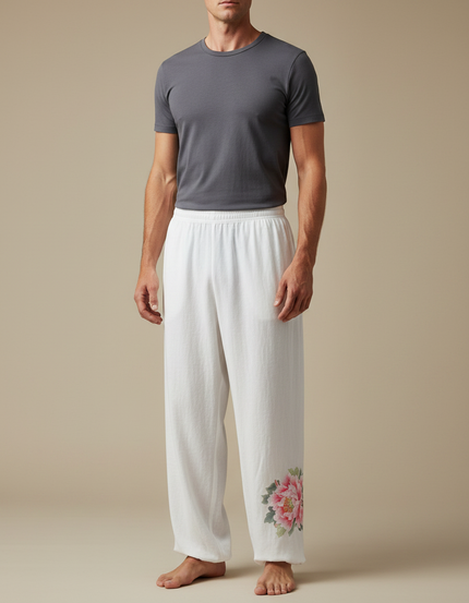 Pantalon Chinois Blanc Ample Fleur Coton Homme - Lin