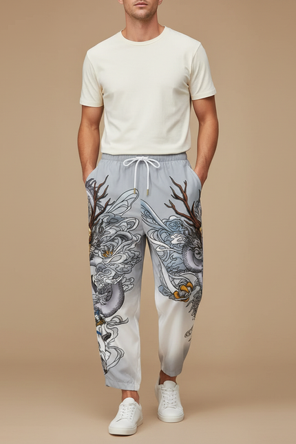 Pantalon Chinois Gris Dragon Imprimé Harem Décontracté - Polyester