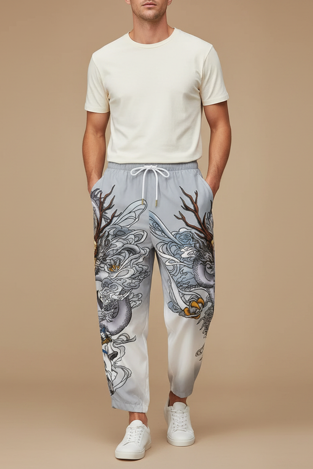Pantalon Chinois Gris Dragon Imprimé Harem Décontracté - Polyester