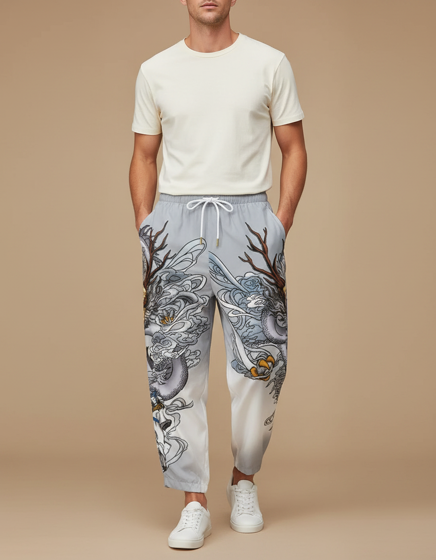 Pantalon Chinois Gris Dragon Imprimé Harem Décontracté - Polyester