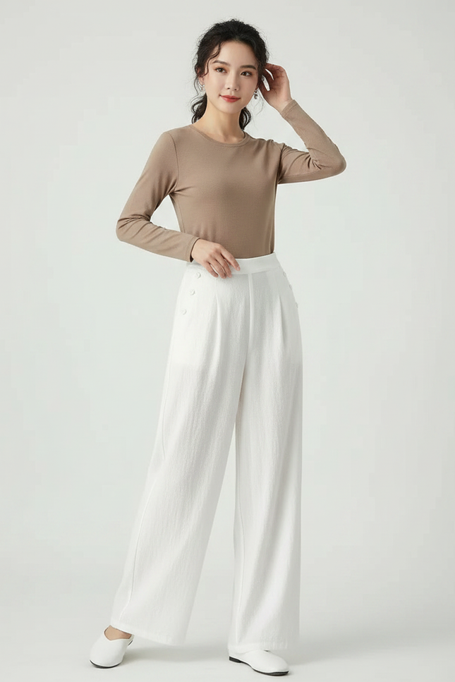 Pantalon Chinois Blanc Ample Lin Boutons Fluide