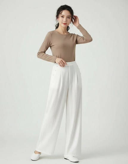 Pantalon Chinois Blanc Ample Lin Boutons Fluide