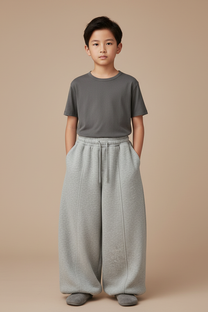 Pantalon Chinois Gris Ample Coton Molletonné Enfant