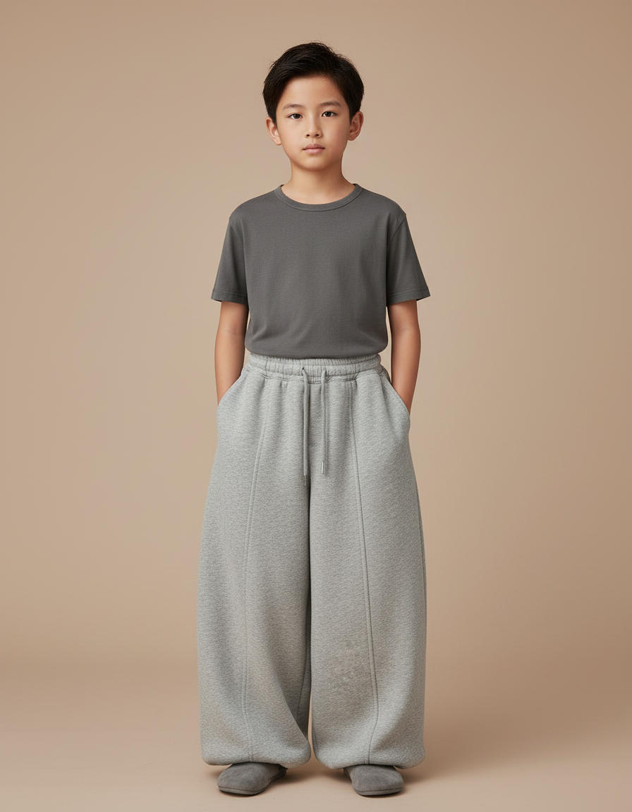 Pantalon Chinois Gris Ample Coton Molletonné Enfant
