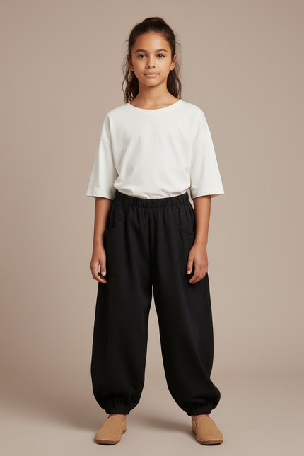 Pantalon Chinois Fille Noir Sarouel - Lin