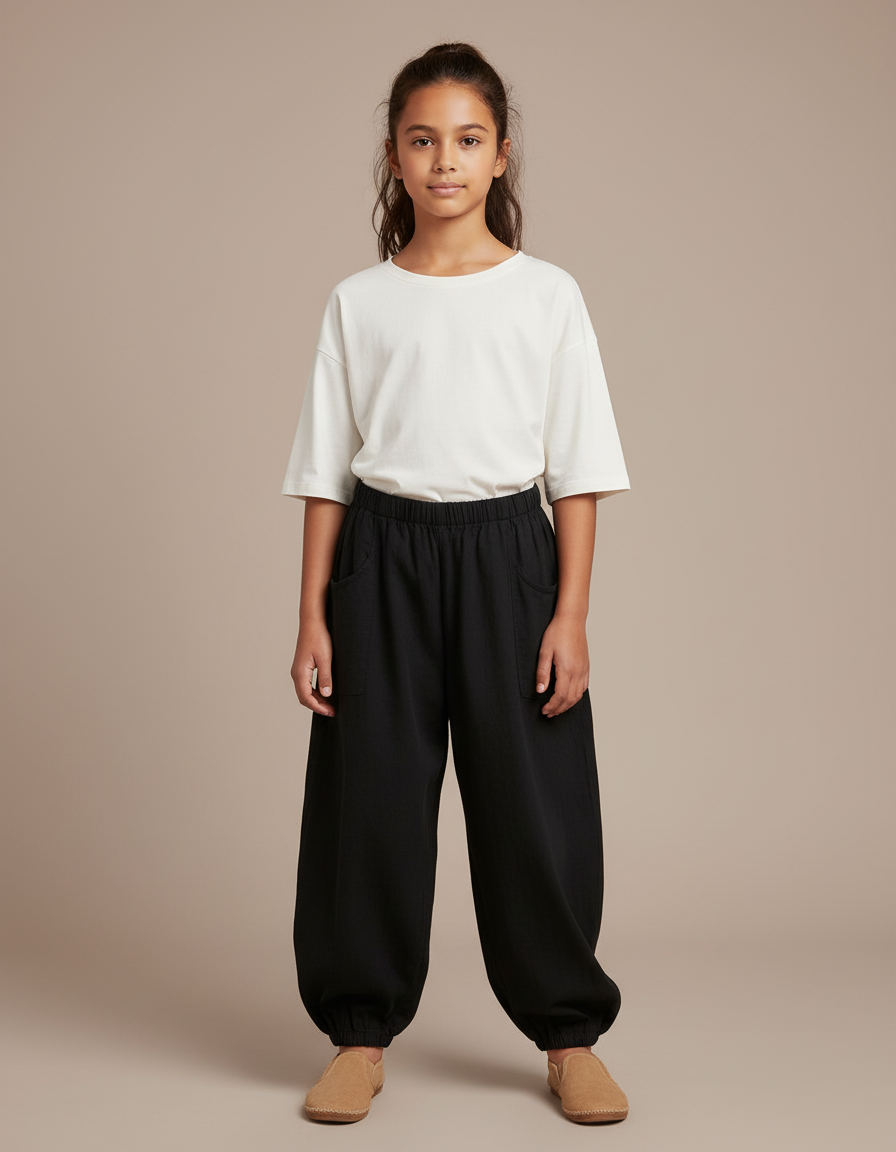 Pantalon Chinois Fille Noir Sarouel - Lin