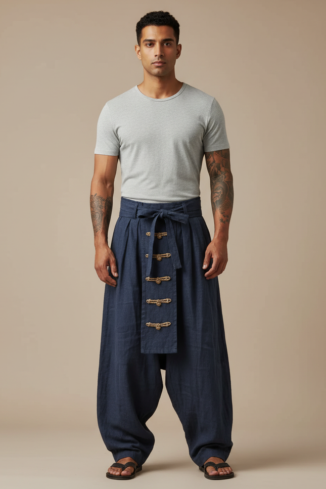 Pantalon Chinois Bleu Marine Ample Lin Décontracté Homme