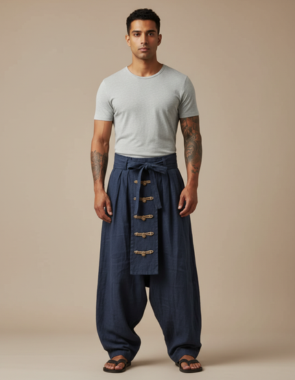Pantalon Chinois Bleu Marine Ample Lin Décontracté Homme