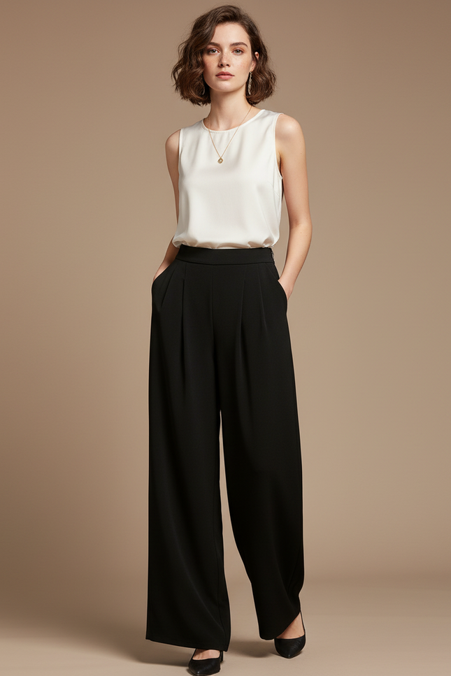 Pantalon Chinois Noir Ample Plissé Fluide Femme - Viscose