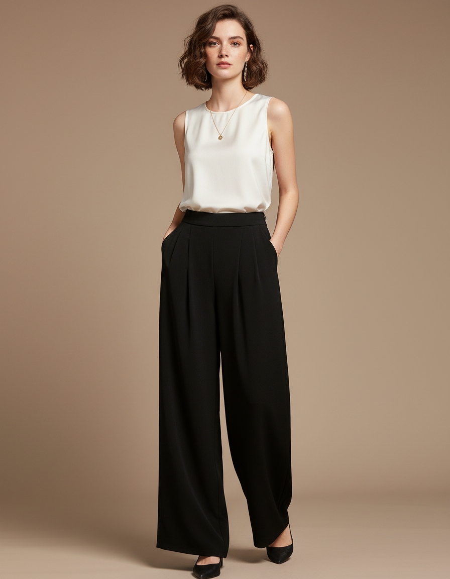 Pantalon Chinois Noir Ample Plissé Fluide Femme - Viscose