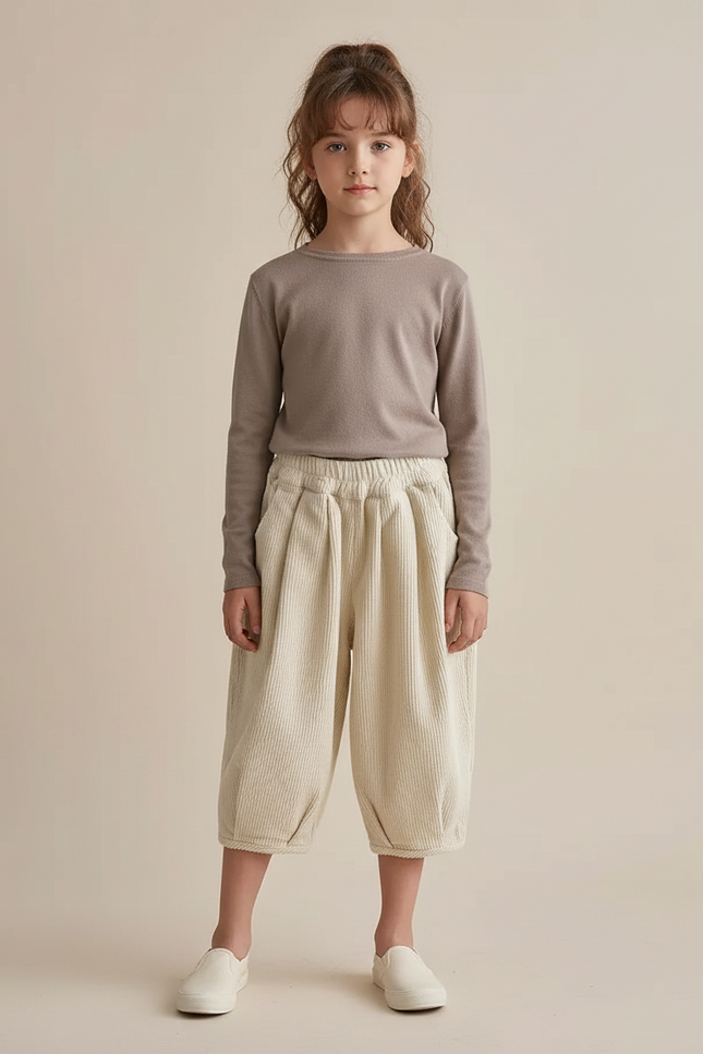 Pantalon Chinois Côtelé Écru Ample Enfant Décontracté - Beige Cordé