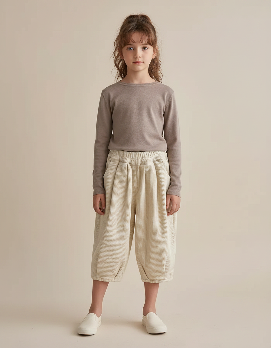 Pantalon Chinois Côtelé Écru Ample Enfant Décontracté - Beige Cordé