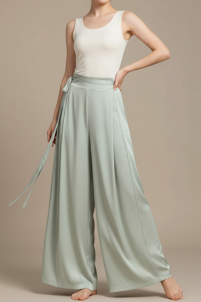Pantalon Chinois Vert Satin Fluide Ample Ceinturé