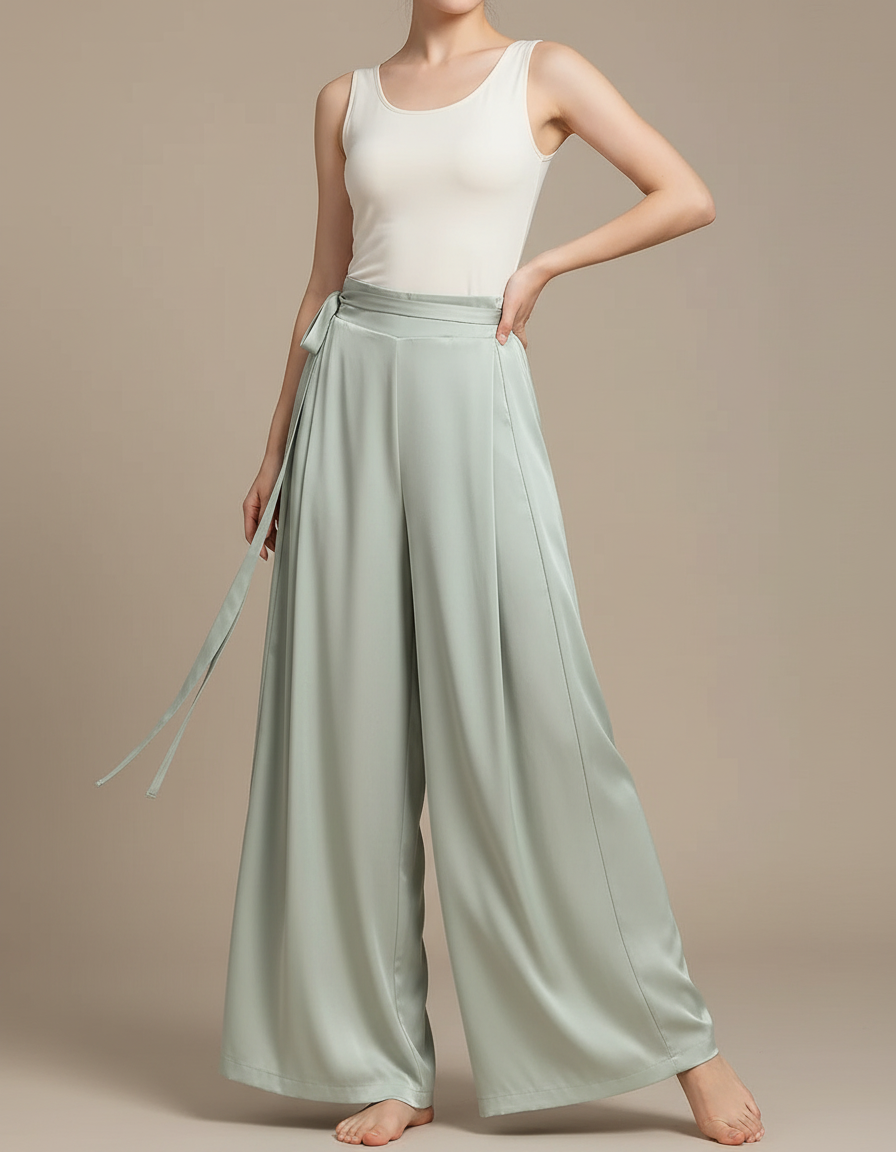 Pantalon Chinois Vert Satin Fluide Ample Ceinturé