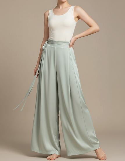 Pantalon Chinois Vert Satin Fluide Ample Ceinturé