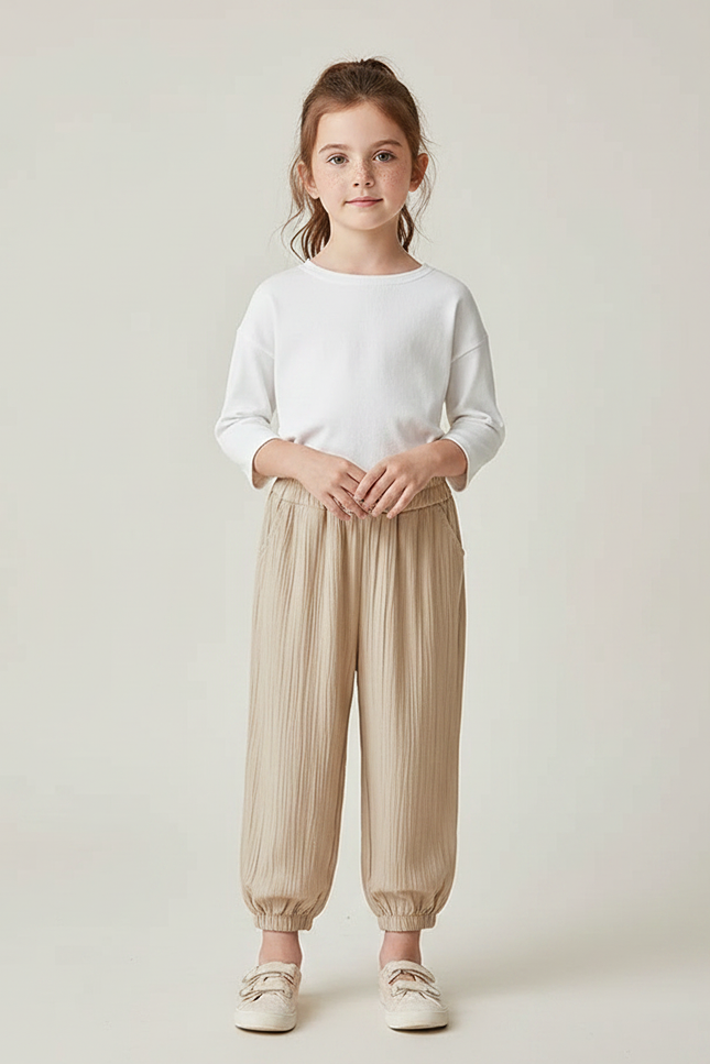 Pantalon Chinois Fille Beige Ample Lin