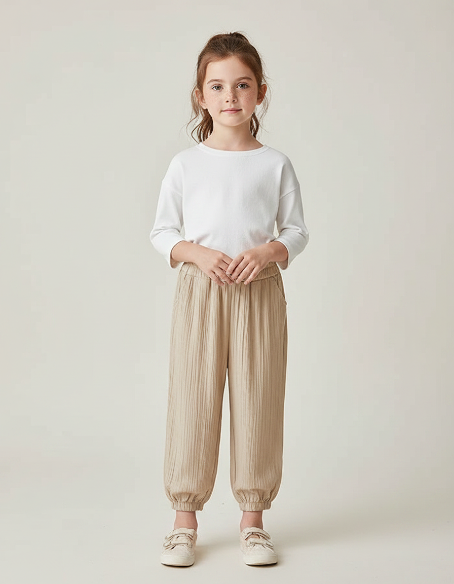 Pantalon Chinois Fille Beige Ample Lin