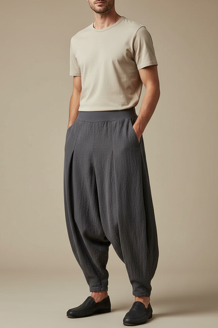 Pantalon Chinois Gris Lin Ample Confortable Homme
