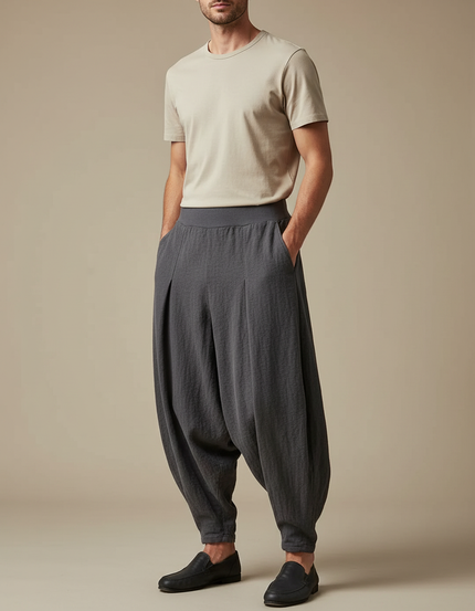 Pantalon Chinois Gris Lin Ample Confortable Homme