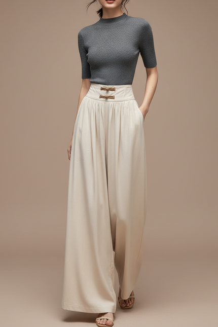 Pantalon Chinois Écru Fluide Ample Élégant Femme - Beige Viscose