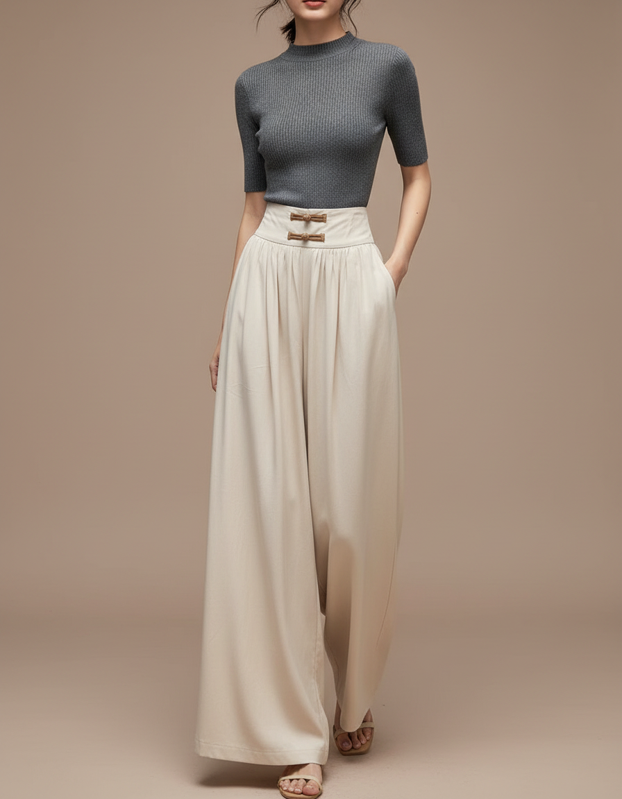 Pantalon Chinois Écru Fluide Ample Élégant Femme - Beige Viscose