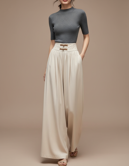 Pantalon Chinois Écru Fluide Ample Élégant Femme - Beige Viscose