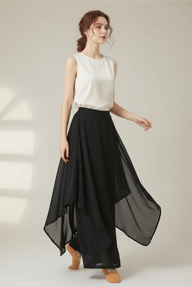 Pantalon Chinois Noir Fluide Superposé Élégant Femme - Polyester