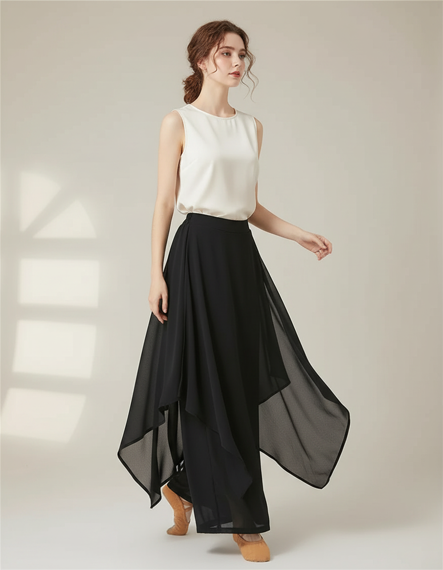 Pantalon Chinois Noir Fluide Superposé Élégant Femme - Polyester