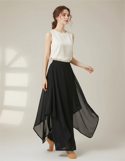 Pantalon Chinois Noir Fluide Superposé Élégant Femme - Polyester