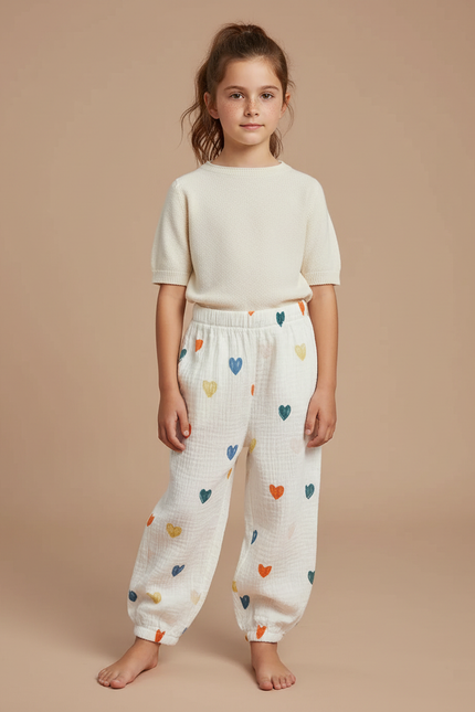 Pantalon Chinois Écru Cœurs Fluide Ample Enfant - Multicolore Coton