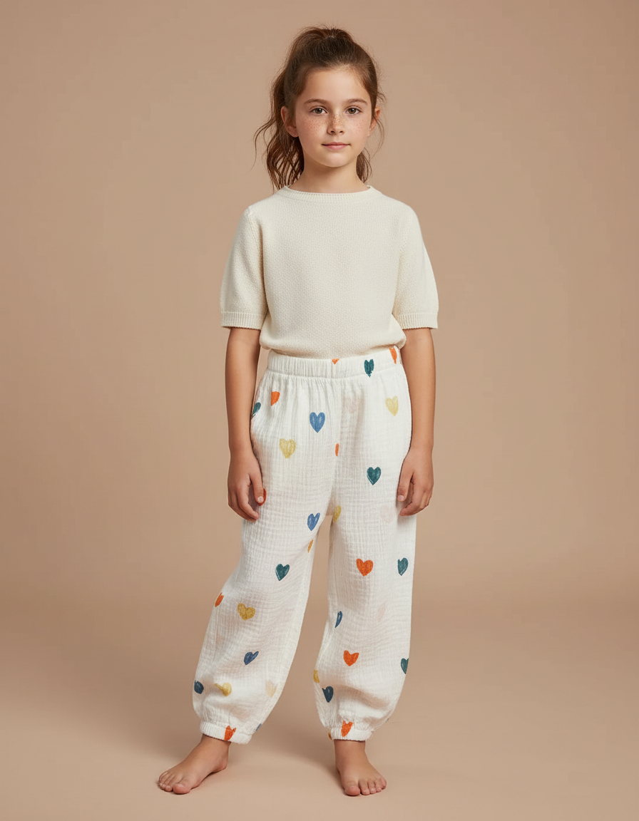 Pantalon Chinois Écru Cœurs Fluide Ample Enfant - Multicolore Coton