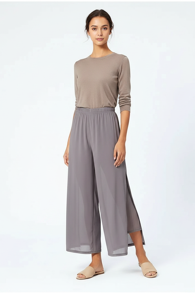 Pantalon Chinois Gris Fluide Double-couche Fendu Élégant - Polyester