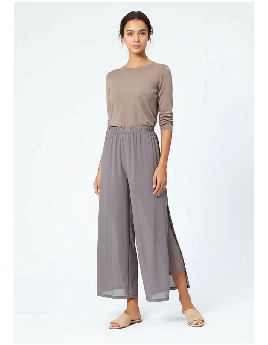 Pantalon Chinois Gris Fluide Double-couche Fendu Élégant - Polyester