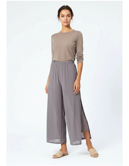 Pantalon Chinois Gris Fluide Double-couche Fendu Élégant - Polyester
