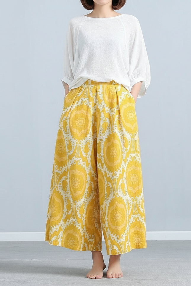 Pantalon Chinois Jaune Ample Lin Imprimé Artistique Fluide