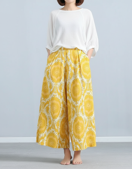 Pantalon Chinois Jaune Ample Lin Imprimé Artistique Fluide