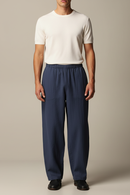 Pantalon Chinois Bleu Marine Ample Lin Décontracté