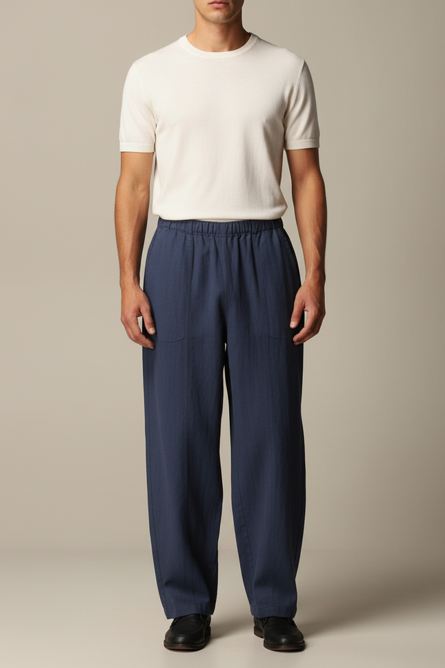 Pantalon Chinois Bleu Marine Ample Lin Décontracté