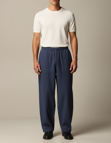 Pantalon Chinois Bleu Marine Ample Lin Décontracté